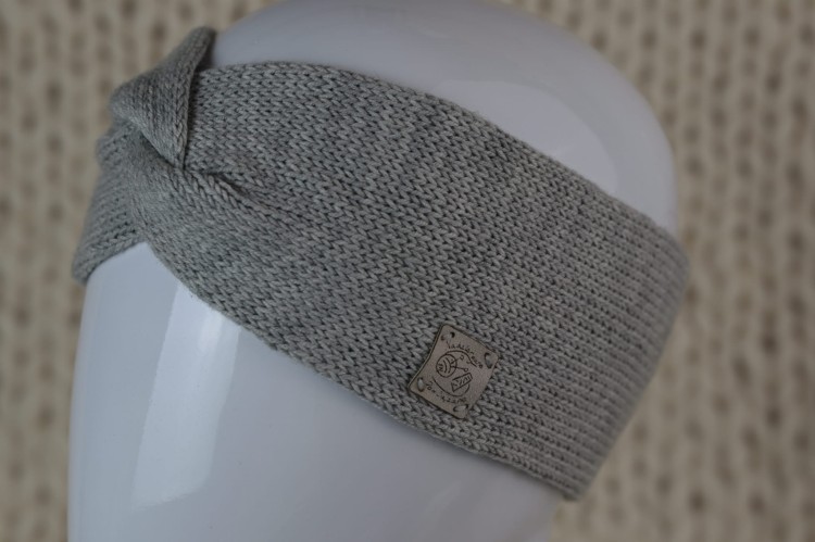 Opaska na uszy wełniana podwójna twist z węzłem, 100% wełna merino, rękodzieło, kolor - jasny szary