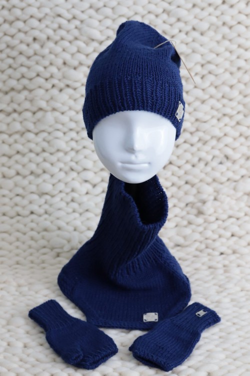 Wełniany zestaw dziecięcy na jesień/wiosnę, lekką zimę - czapka, mitenki, komin/ocieplacz, 100% wełna merino, rękodzieło, handmade, rozmiar - ( 4-6 lat), dziecięcy, kolor - granatowy