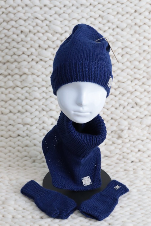 Wełniany zestaw dziecięcy na jesień/wiosnę, lekką zimę - czapka, mitenki, komin/ocieplacz, 100% wełna merino, rękodzieło, handmade, rozmiar - ( 4-6 lat), dziecięcy, kolor - granatowy