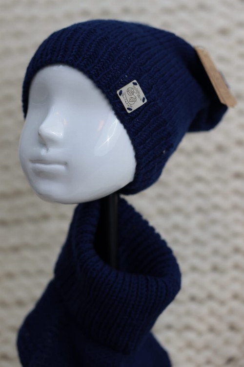 Wełniany zestaw dziecięcy na jesień/wiosnę, lekką zimę - czapka, mitenki, komin/ocieplacz, 100% wełna merino, rękodzieło, handmade, rozmiar - ( 4-6 lat), dziecięcy, kolor - granatowy