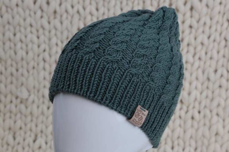 Czapka z warkoczem, rozmiar L, 56-58cm, wełna merino, leśny-02.JPG