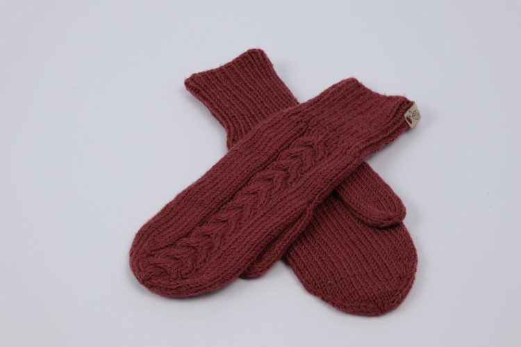 Rękawiczki jednopalczaste z warkoczem, 100% wełna merino, kolor bordowy  (2).JPG