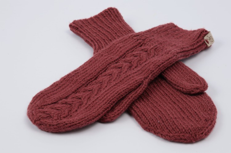 Rękawiczki jednopalczaste z warkoczem, 100% wełna merino, kolor bordowy  (3).JPG