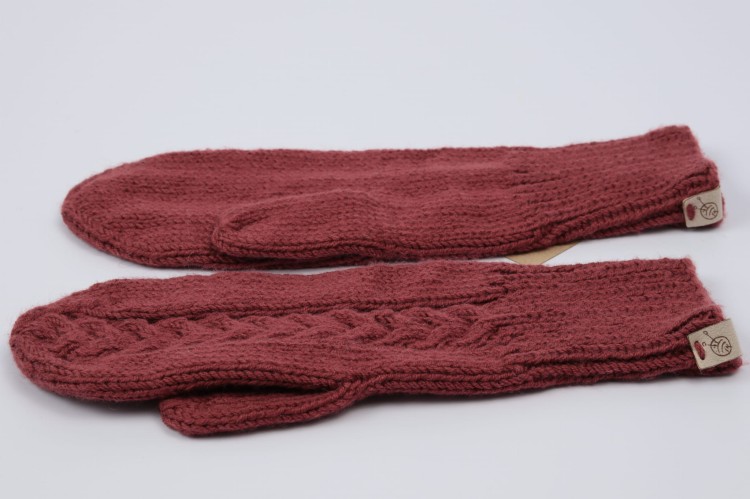 Rękawiczki jednopalczaste z warkoczem, 100% wełna merino, kolor bordowy  (5).JPG